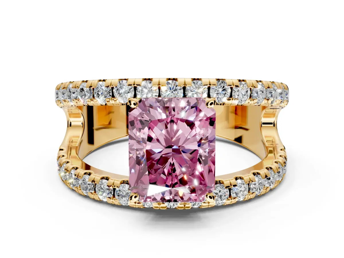 Solitaire Engagement Ring Setting for Fancy Pink Radiant Cut Center with Wide-Open Split Shank and Prong Head in Yellow Gold