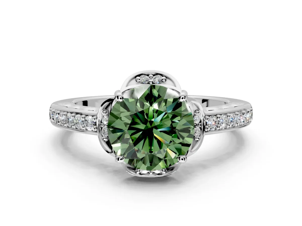 Floral Engagement Ring Setting for Fancy Green Round Cut Center with Four Accent Clusters and Prong Head in Platinum
