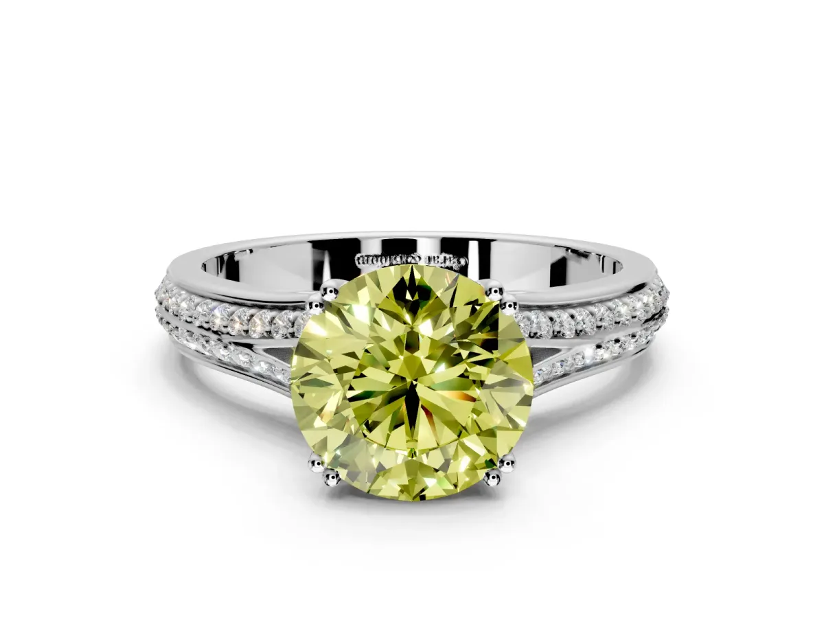 Solitaire Engagement Ring Setting for Fancy Yellow Round Cut Center with Pave Rail Split Shank and Prong Head in Platinum