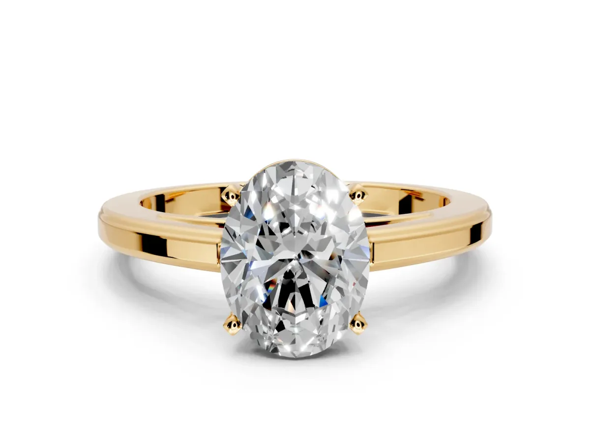 Solitaire Engagement Ring Setting for Oval Center with Flat-Sided Plain Band and Prong Head in Yellow Gold
