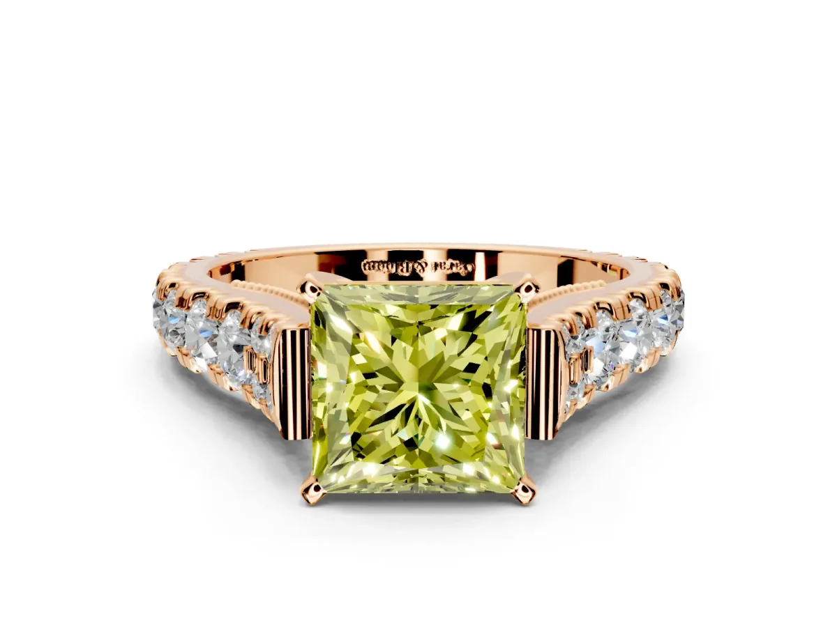 Solitaire Engagement Ring Setting for Fancy Yellow Princess Cut Center with Pave Cathedral Shoulders and Prong Head in Rose Gold