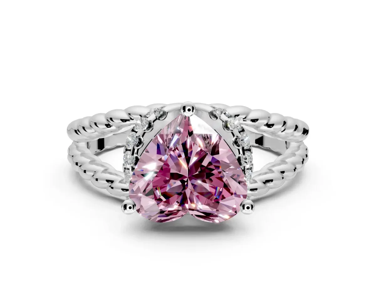 Halo Engagement Ring Setting for Fancy Pink Heart-Shaped Center with Rope Twist Split Shank and Prong Head in White Gold