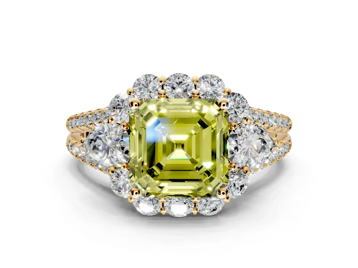 Halo Engagement Ring Setting for Fancy Yellow Asscher Cut Center with Two-Strand Split Shank and Prong Head in Yellow Gold