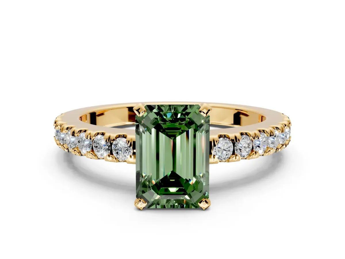 Solitaire Engagement Ring Setting for Fancy Green Emerald Cut Center with Single Row Accent Band and Prong Head in Yellow Gold