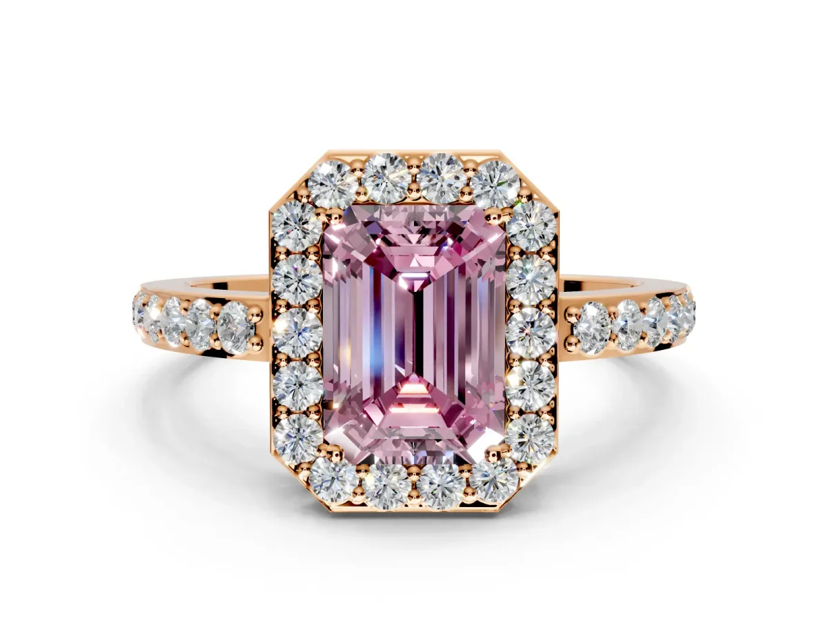 Halo Engagement Ring Setting for Fancy Pink Emerald Cut Center with Heart-Shaped Openwork, Pave Band and Prong Head in Rose Gold