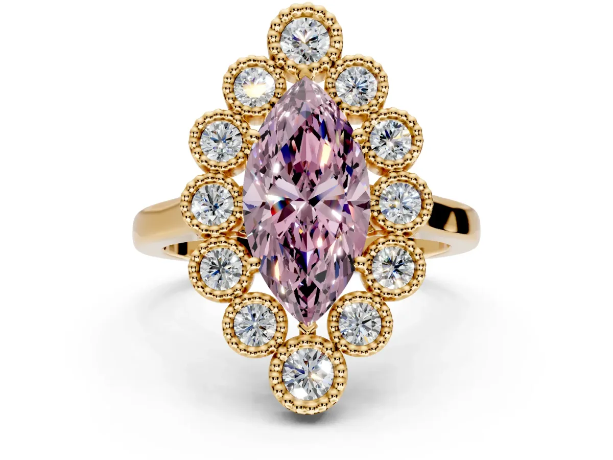 Cluster Halo Engagement Ring Setting for Fancy Pink Marquise Center with Milgrain Bezel Accents and Prong Head in Yellow Gold