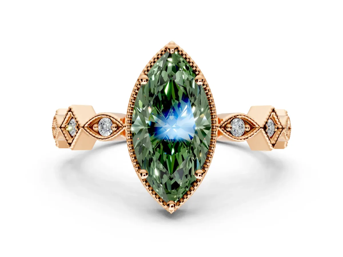 Milgrain Bezel Engagement Ring Setting for Fancy Green Marquise Center with Marquise Stations and Bezel Head in Rose Gold