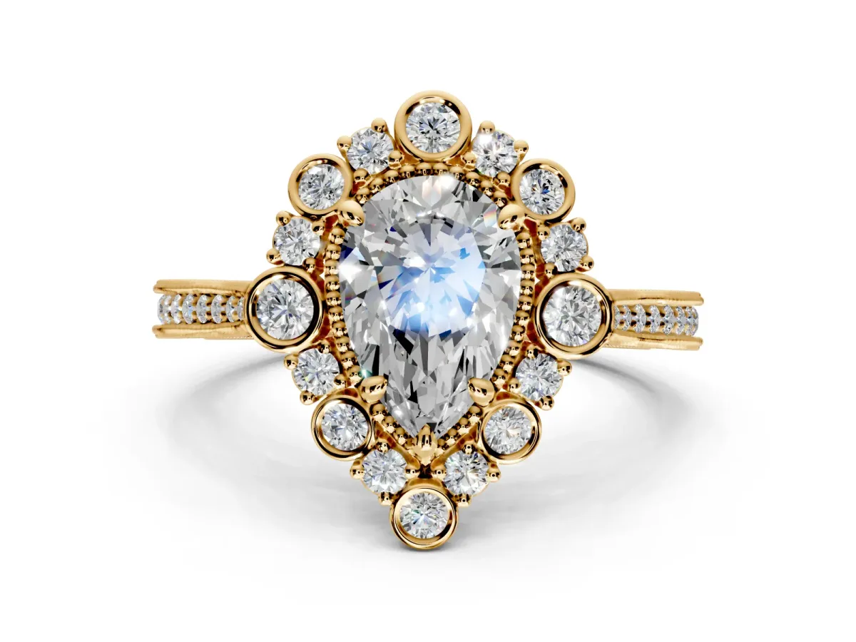 Milgrain Halo Engagement Ring Setting for Pear-Shaped Center with Bezel Point Accents and Prong Head in Yellow Gold