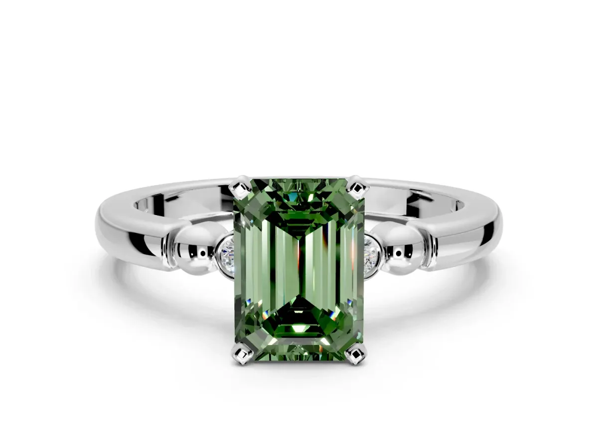 Solitaire Engagement Ring Setting for Fancy Green Emerald Cut Center with Beaded Shoulders and Prong Head in Platinum