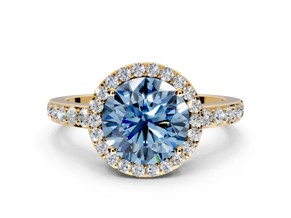 Halo Engagement Ring Setting for Fancy Blue Round Cut Center with Heart-Shaped Openwork, Pave Band and Prong Head in Yellow Gold
