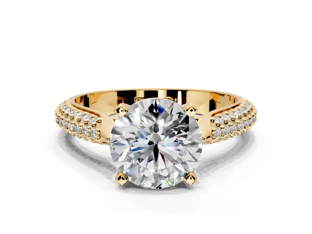 Solitaire Engagement Ring Setting for Round Cut Center with Multi-Row Accents and Prong Head in Yellow Gold