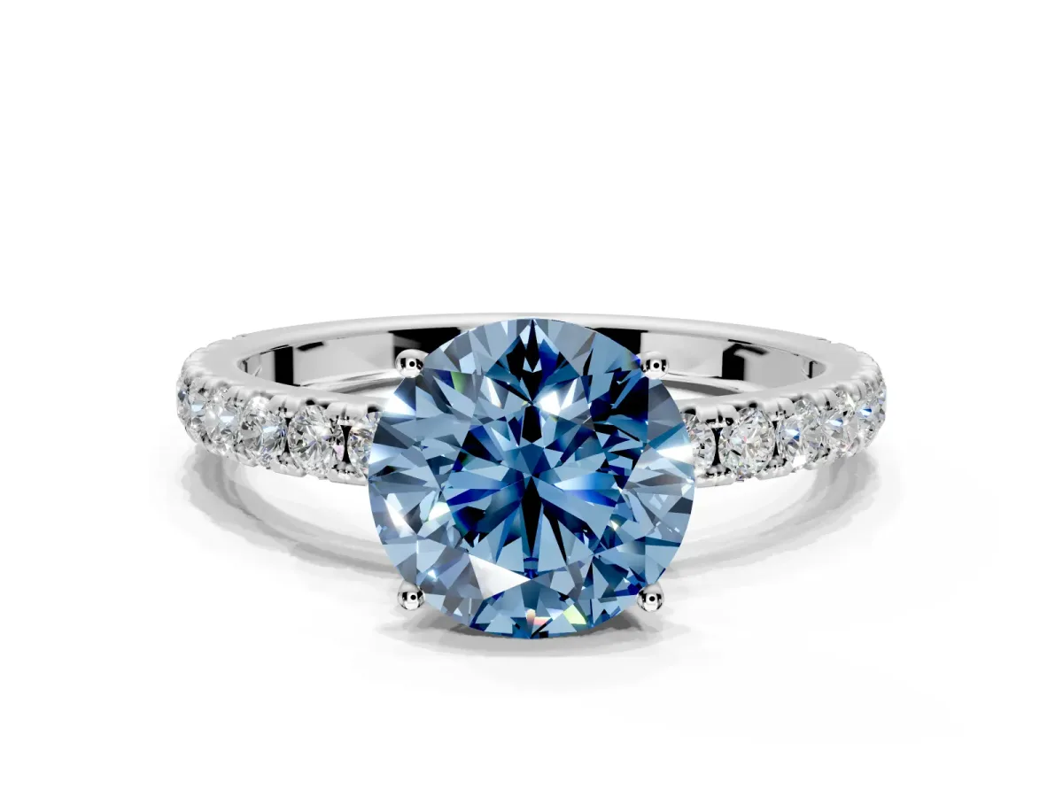 Solitaire Engagement Ring Setting for Fancy Blue Round Cut Center with Large Accent Band and Prong Head in White Gold