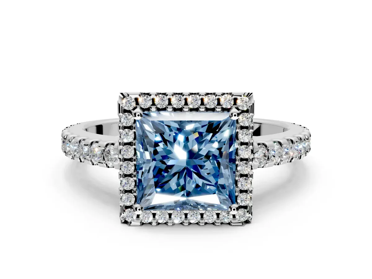 Accent Halo Engagement Ring Setting for Fancy Blue Princess Cut Center with Full-Length Pave Band and Prong Head in Platinum