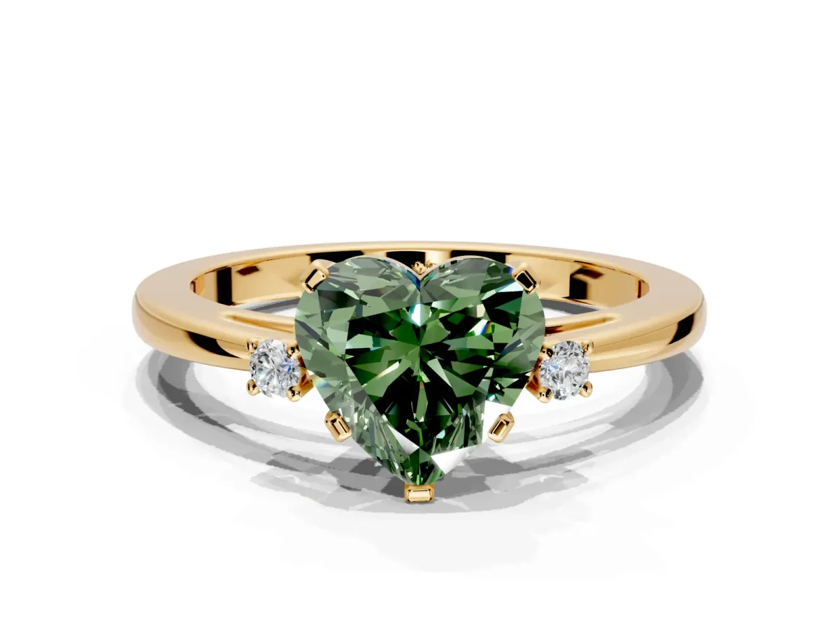 3 Stone Engagement Ring Setting for Fancy Green Heart-Shaped Center with Low-Set Round Cut Accents and Prong Head in Yellow Gold