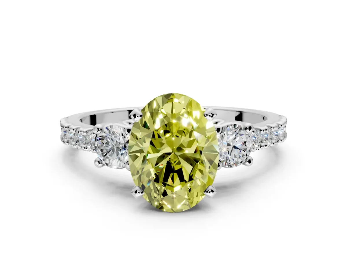 3 Stone Engagement Ring Setting for Fancy Yellow Oval Center with Round Cut Side Accents and Prong Head in Sterling Silver