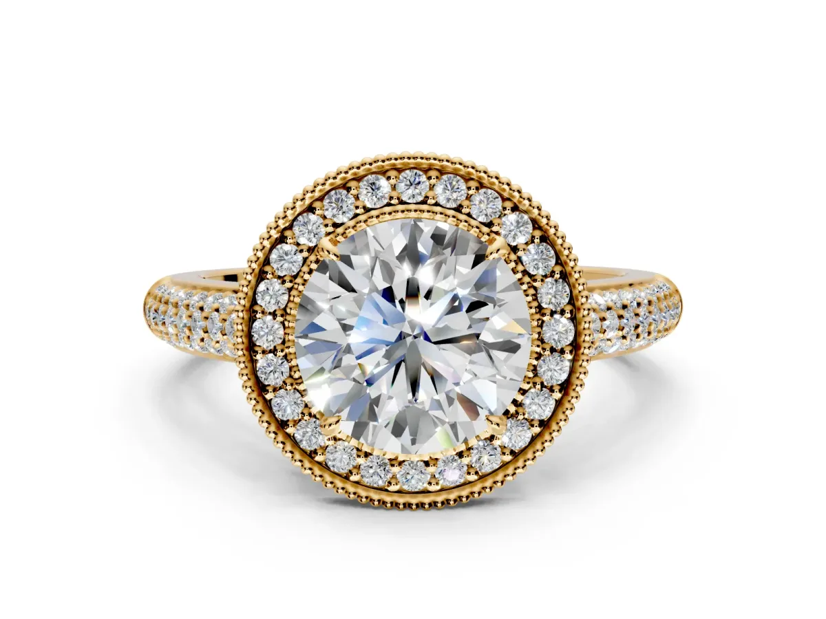 Milgrain Halo Engagement Ring Setting for Round Cut Center with Three-Sided Pave Band and Prong Head in Yellow Gold