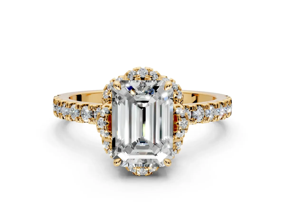 Halo Engagement Ring Setting for Emerald Cut Center with Openwork Halo, Pave Band and Prong Head in Yellow Gold