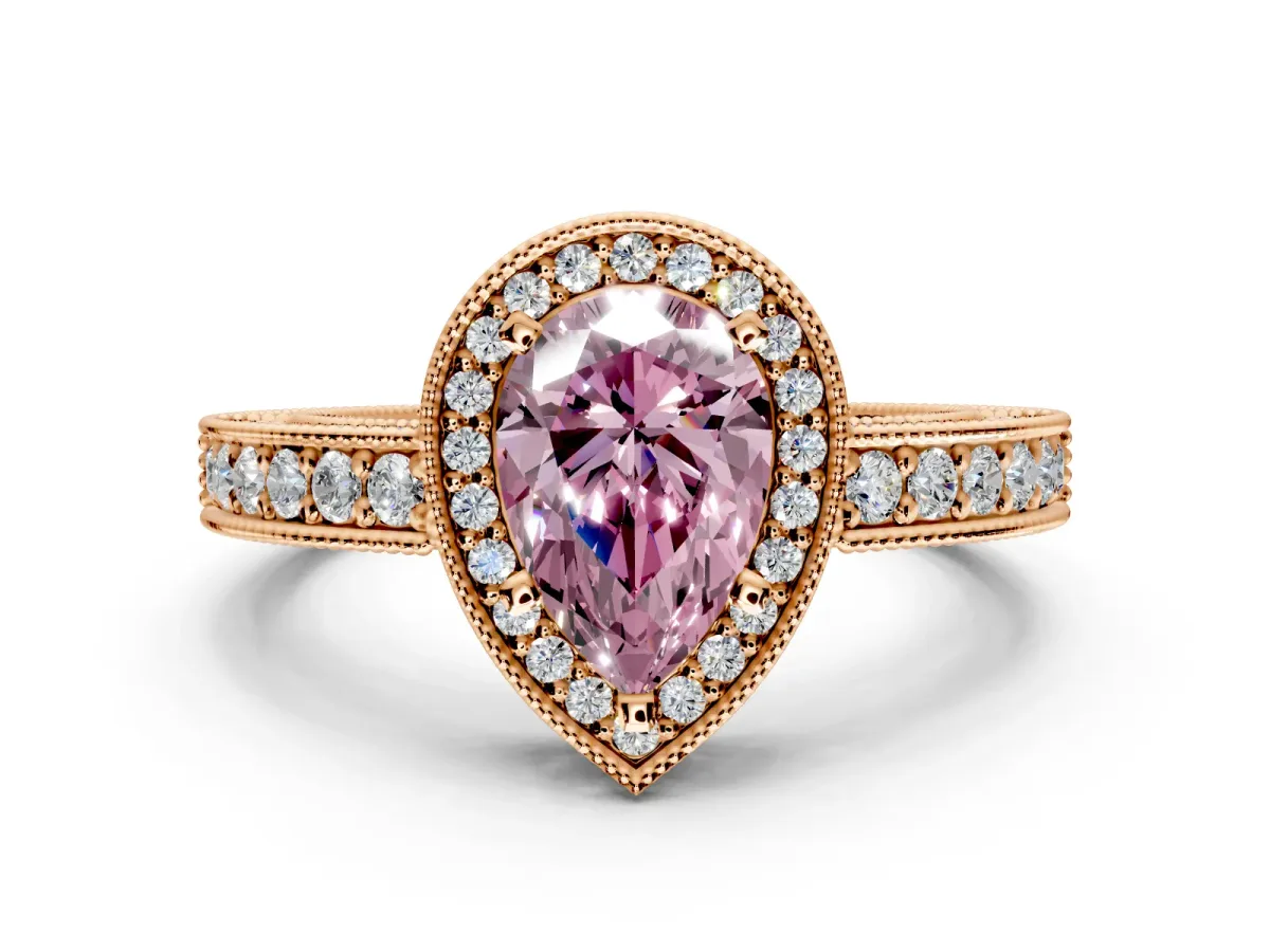 Milgrain Halo Engagement Ring Setting for Fancy Pink Pear-Shaped Center with Wide Pave Band and Prong Head in Rose Gold
