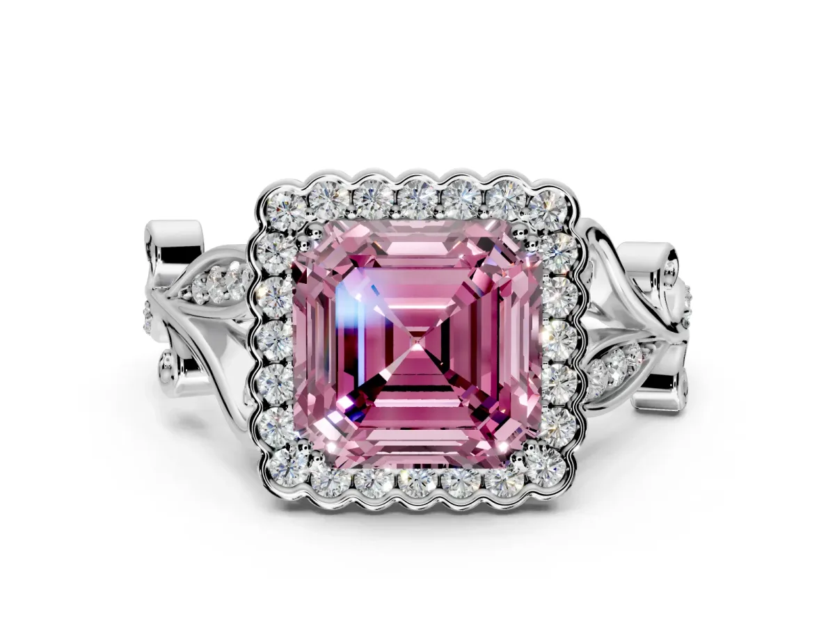Halo Engagement Ring Setting for Fancy Pink Asscher Cut Center with Leaf Motif Split Shank and Prong Head in Platinum