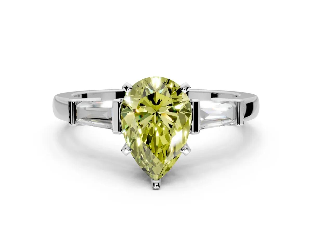 3 Stone Engagement Ring Setting for Fancy Yellow Pear-Shaped Center with Channel Baguette Accents and Prong Head in White Gold