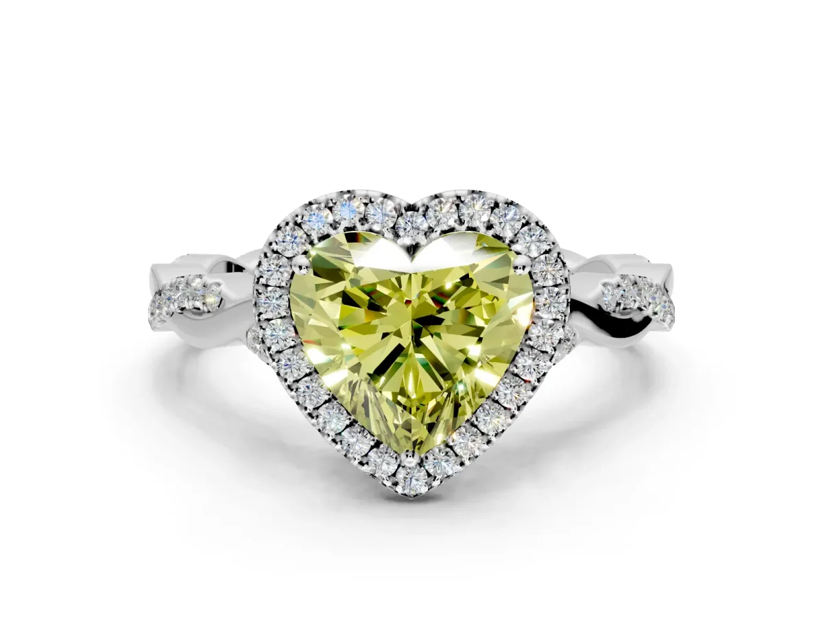 Halo Engagement Ring Setting for Fancy Yellow Heart-Shaped Center with Twist Band and Prong Head in Platinum