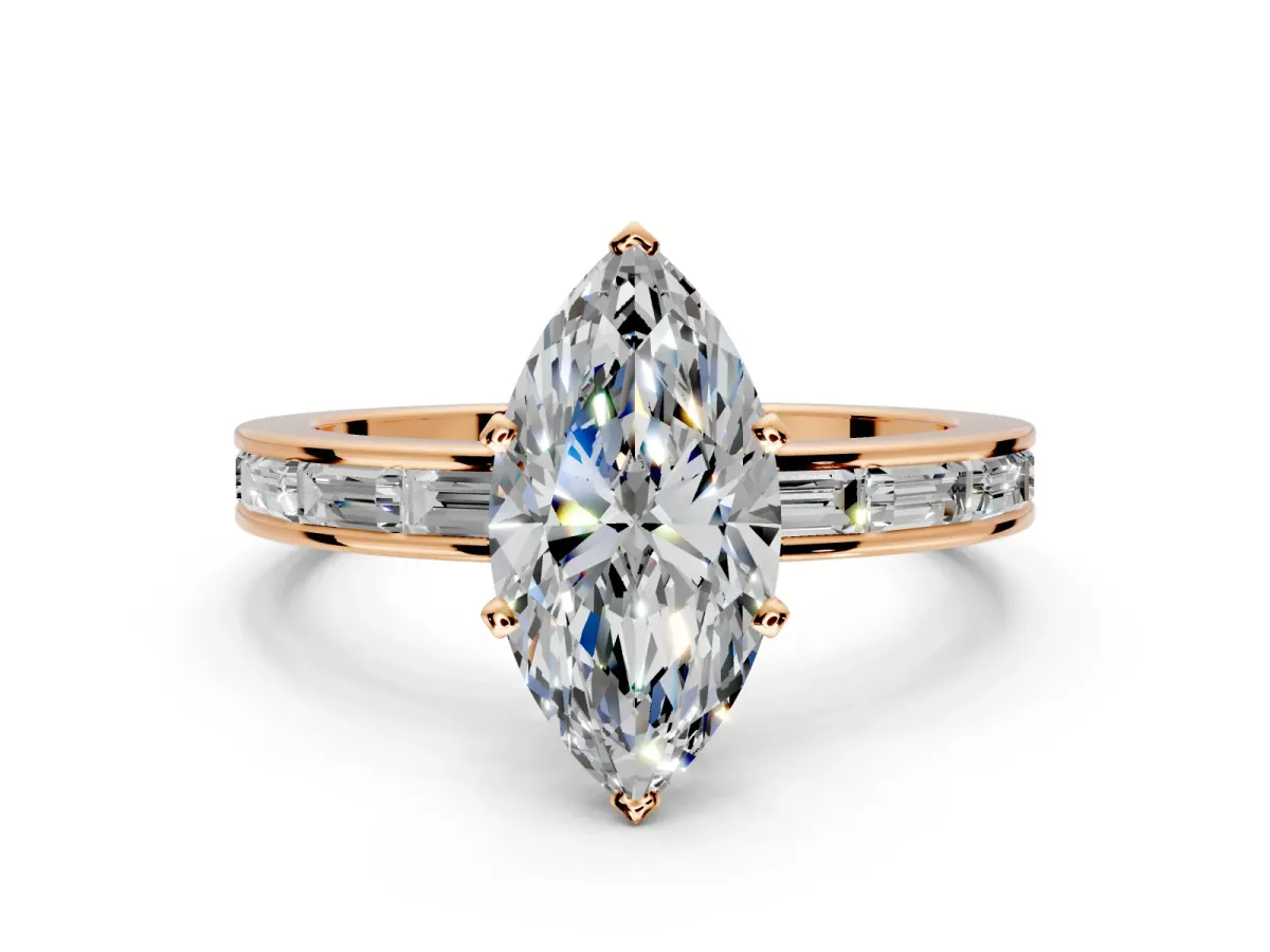 Solitaire Engagement Ring Setting for Marquise Center with Channel Baguette Band and Prong Head in Rose Gold