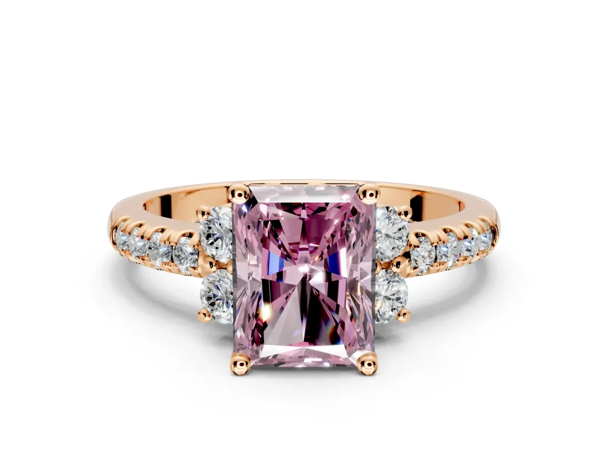 Paired Accent Engagement Ring Setting for Fancy Pink Radiant Cut Center with Pave Band and Prong Head in Rose Gold