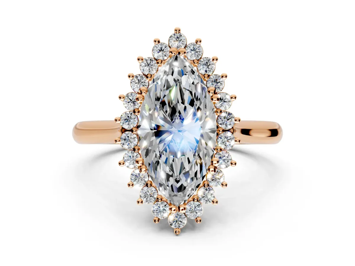 Starburst Halo Engagement Ring Setting for Marquise Center with Thin Round-Wire Band and Prong Head in Rose Gold
