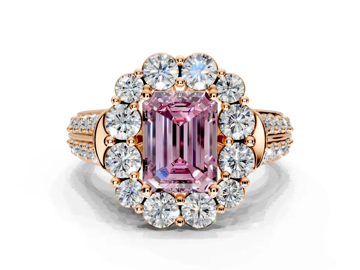 Large Accent Halo Engagement Ring Setting for Fancy Pink Emerald Cut Center with Pave Split Shank and Prong Head in Rose Gold