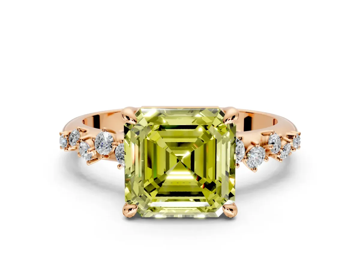 Solitaire Engagement Ring Setting for Fancy Yellow Asscher Cut Center with Trailing Leaf Accent Band and Prong Head in Rose Gold