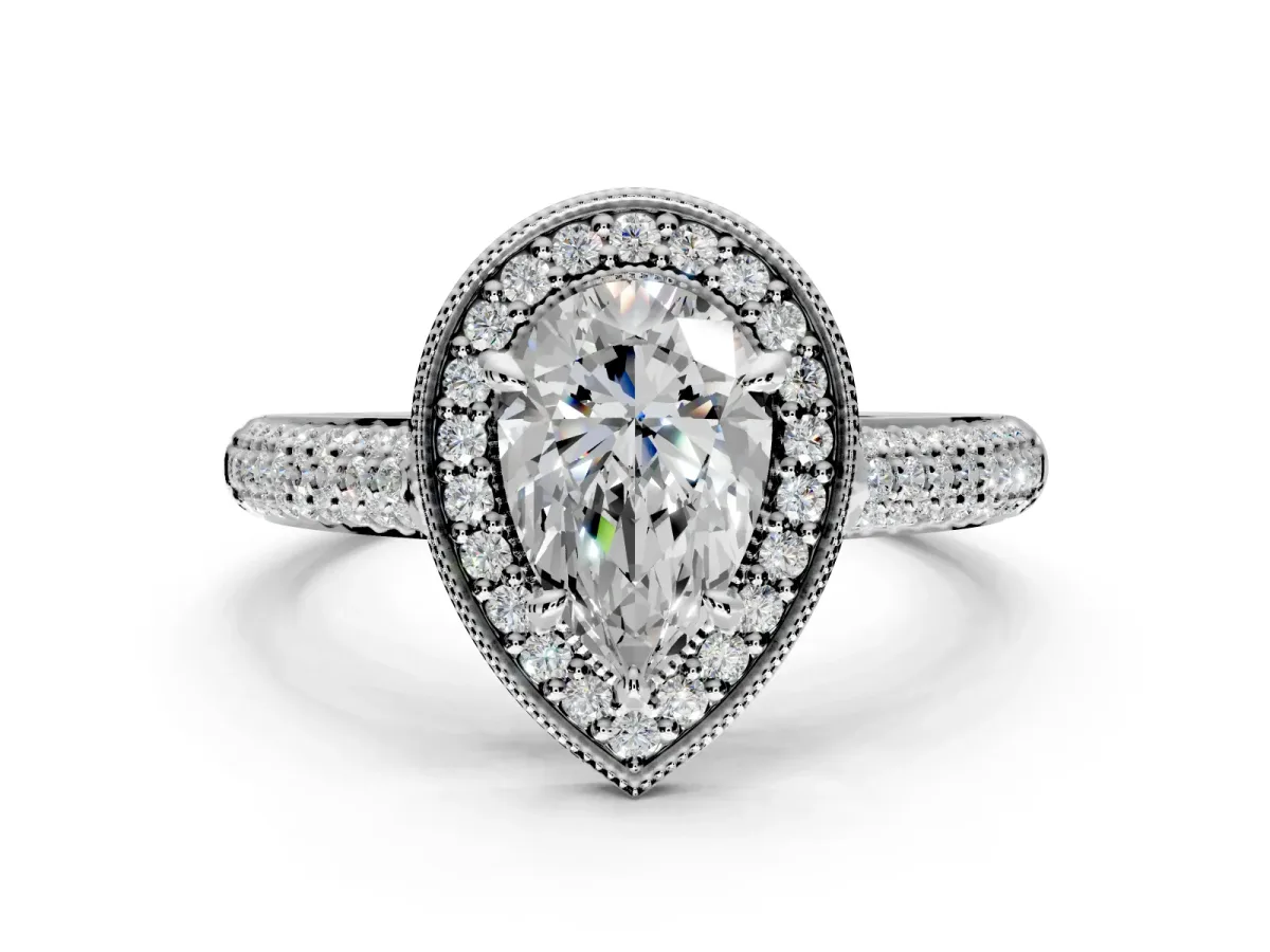 Milgrain Halo Engagement Ring Setting for Pear-Shaped Center with Three-Sided Pave Band and Prong Head in White Gold