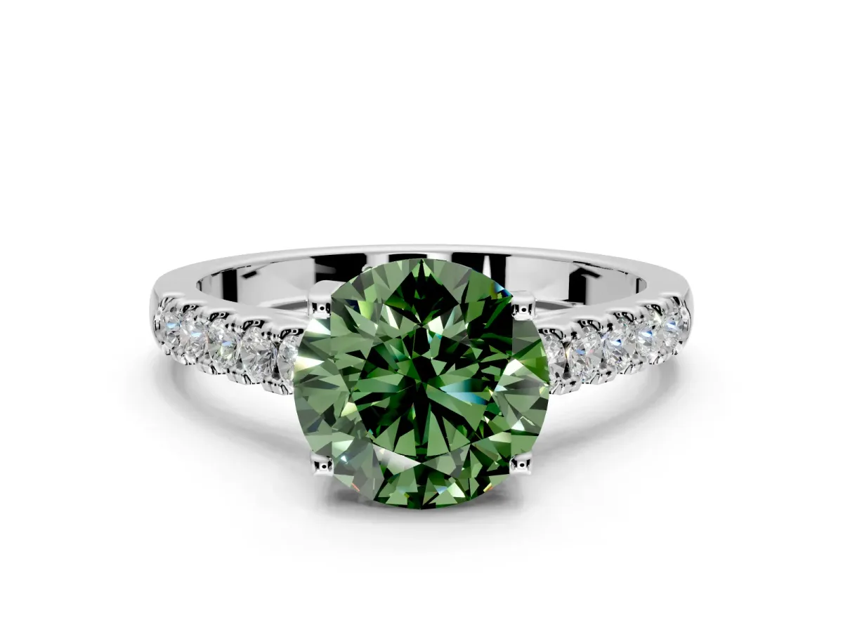 Solitaire Engagement Ring Setting for Fancy Green Round Cut Center with Partway Pave Band and Prong Head in Platinum