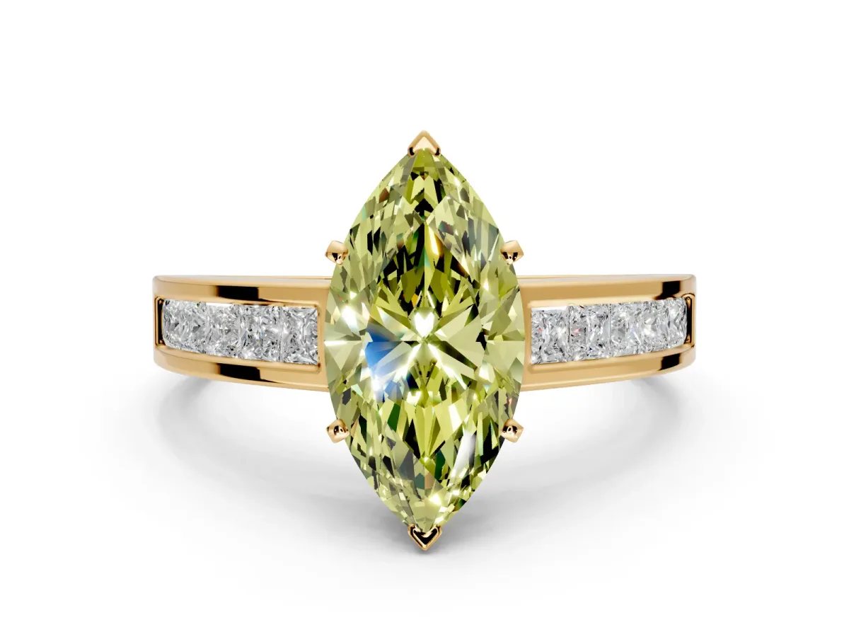 Solitaire Engagement Ring Setting for Fancy Yellow Marquise Center with Princess Cut Channel Band and Prong Head in Yellow Gold
