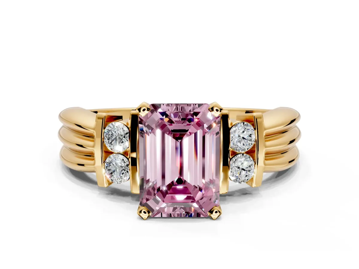 Solitaire Engagement Ring Setting for Fancy Pink Emerald Cut Center with Grooved Bar Accent Band and Prong Head in Yellow Gold