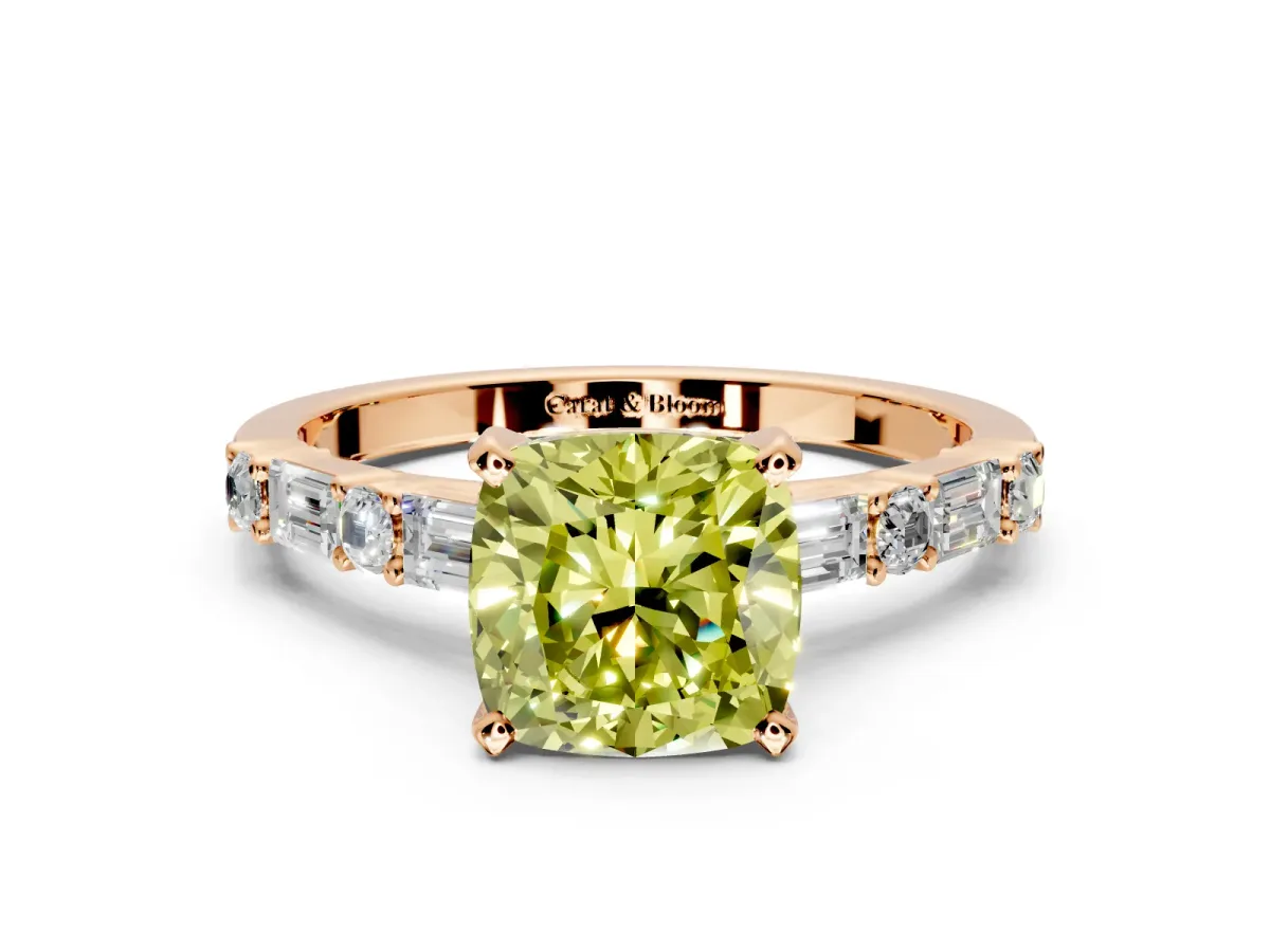 Baguette Engagement Ring Setting for Fancy Yellow Cushion Cut Center with Alternating Bar-Set Band and Prong Head in Rose Gold