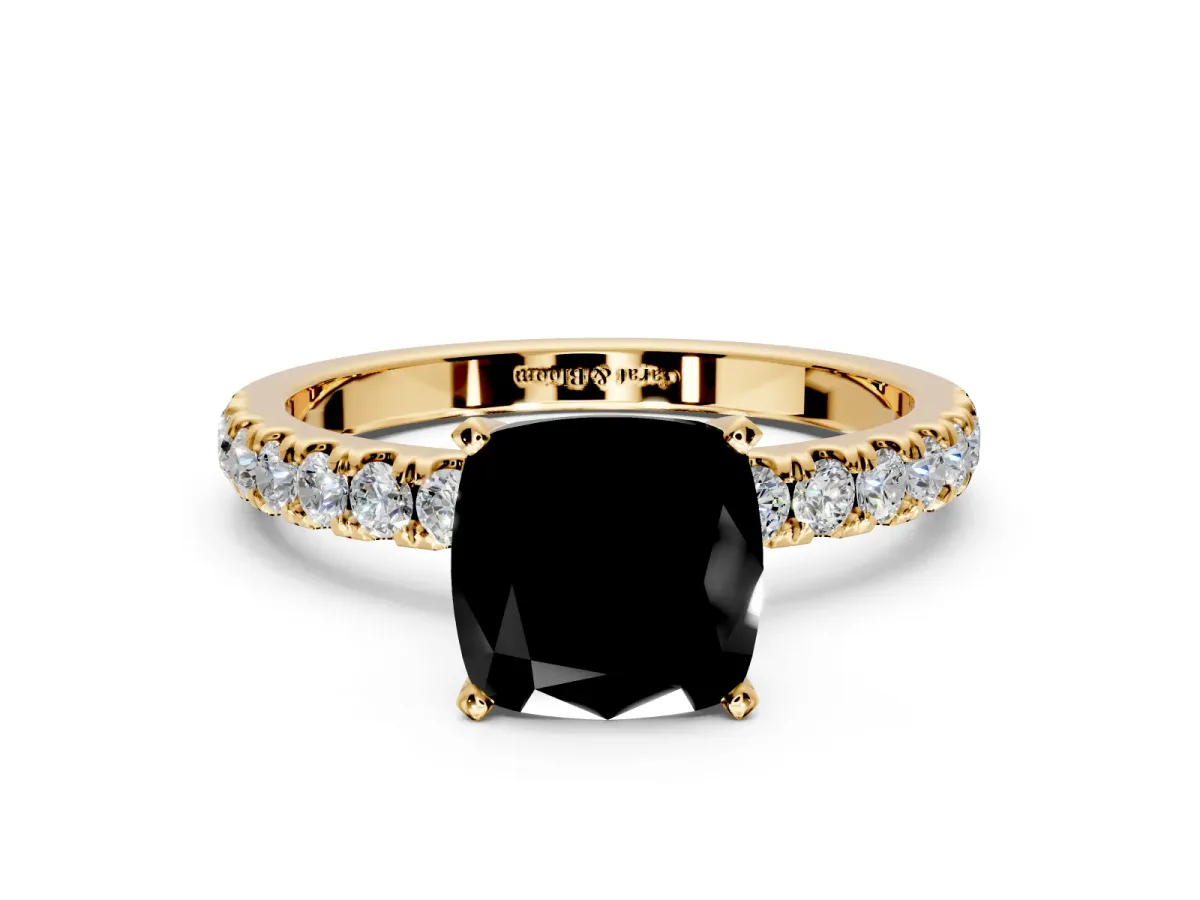 Open Basket Engagement Ring Setting for Fancy Black Cushion Cut Center with Pave Band and Prong Head in Yellow Gold