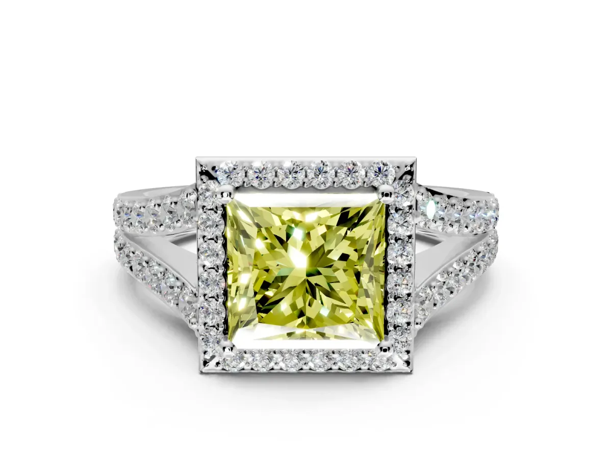 Halo Engagement Ring Setting for Fancy Yellow Princess Cut Center with Narrow Pave Split Shank and Prong Head in White Gold