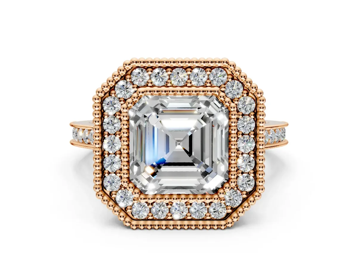 Halo Engagement Ring Setting for Asscher Cut Center with Milgrain Frame, Pave Band and Prong Head in Rose Gold