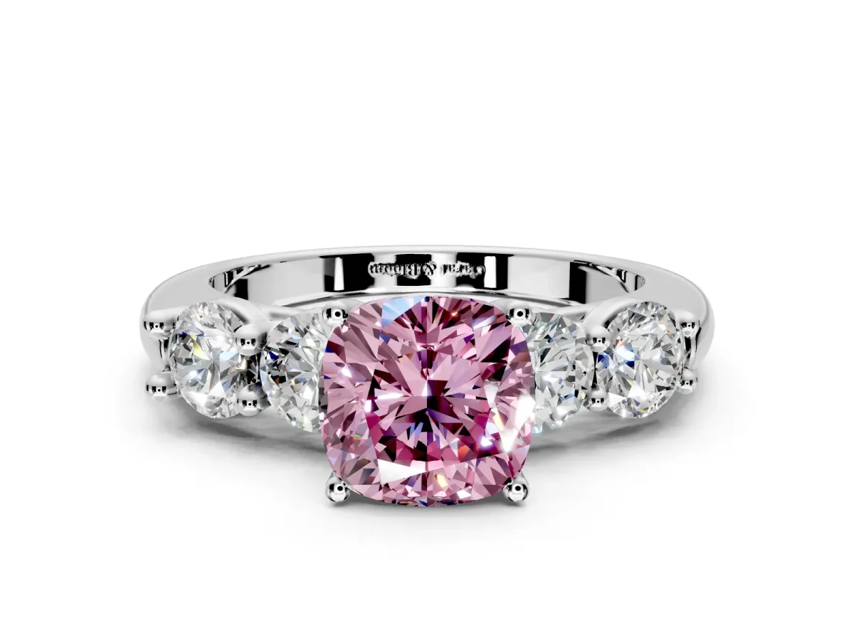 5 Stone Engagement Ring Setting for Fancy Pink Cushion Cut Center with Graduated Accents and Prong Head in Sterling Silver