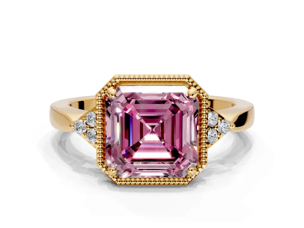 Cluster Engagement Ring Setting for Fancy Pink Asscher Cut Center with Milgrain Shoulder Clusters and Prong Head in Yellow Gold