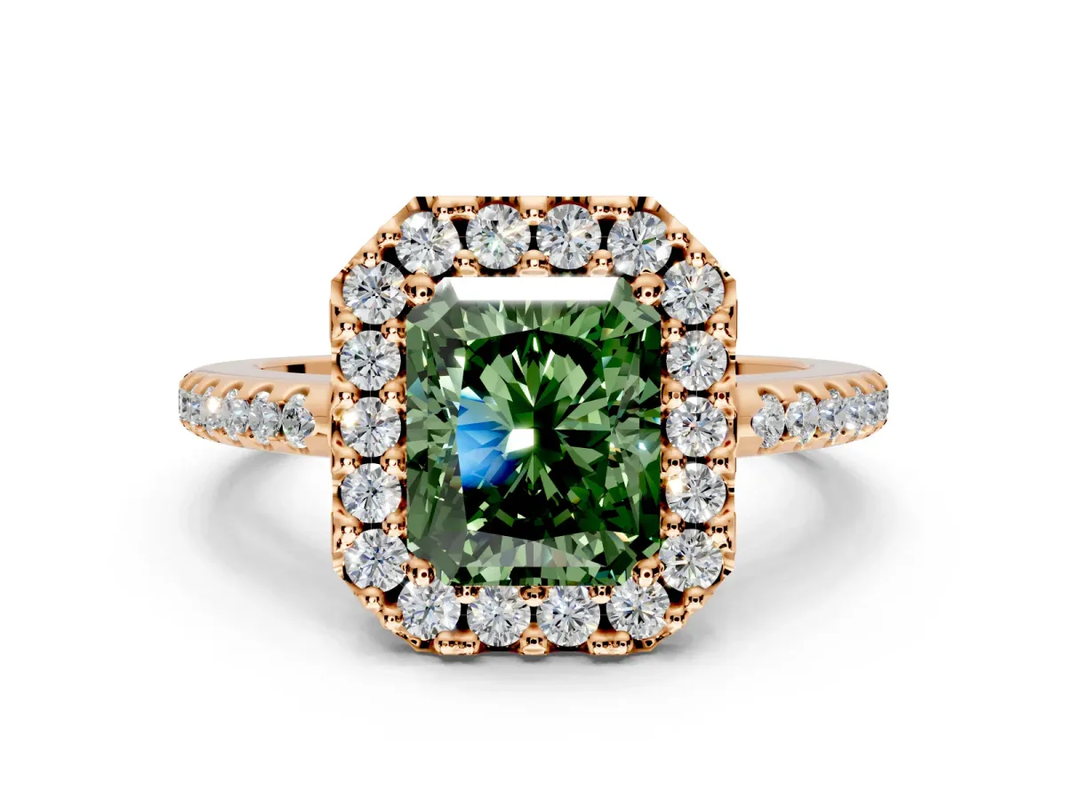 Pave Halo Engagement Ring Setting for Fancy Green Radiant Cut Center with Single Row Pave Band and Prong Head in Rose Gold