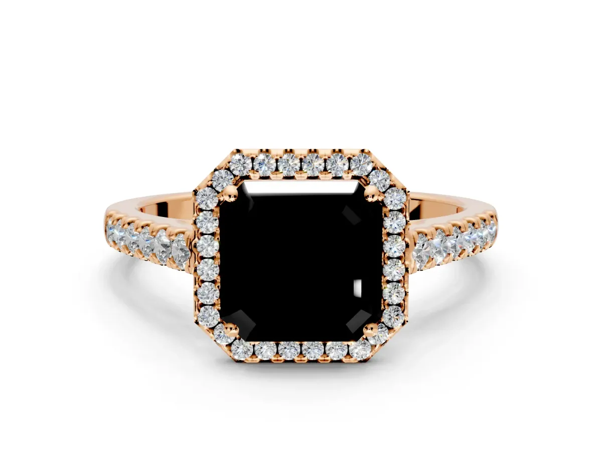 Halo Engagement Ring Setting for Fancy Black Asscher Cut Center with Narrowing Pave Band and Prong Head in Rose Gold