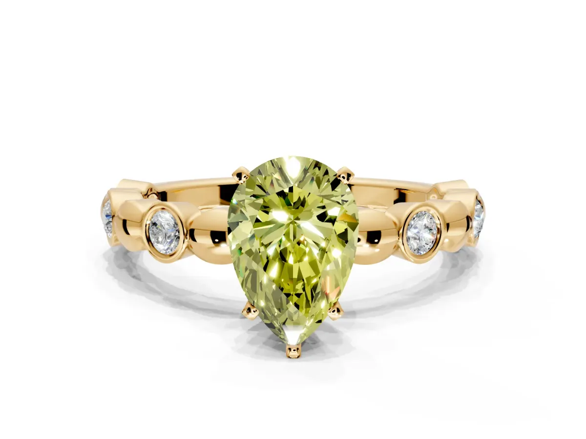 Solitaire Engagement Ring Setting for Fancy Yellow Pear-Shaped Center with Beaded Bezel Station Band and Prong Head in Yellow Gold