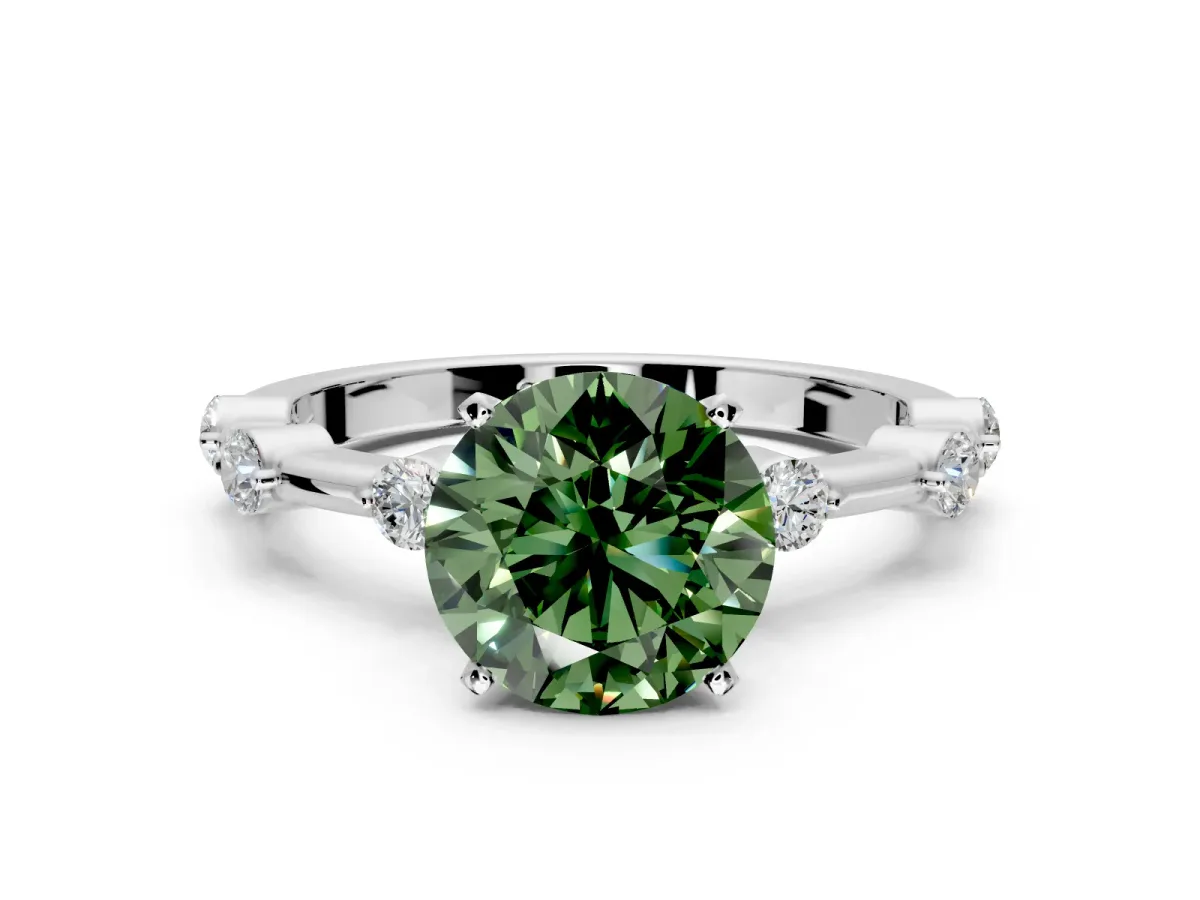 Solitaire Engagement Ring Setting for Fancy Green Round Cut Center with Bezel Station Band and Prong Head in Platinum
