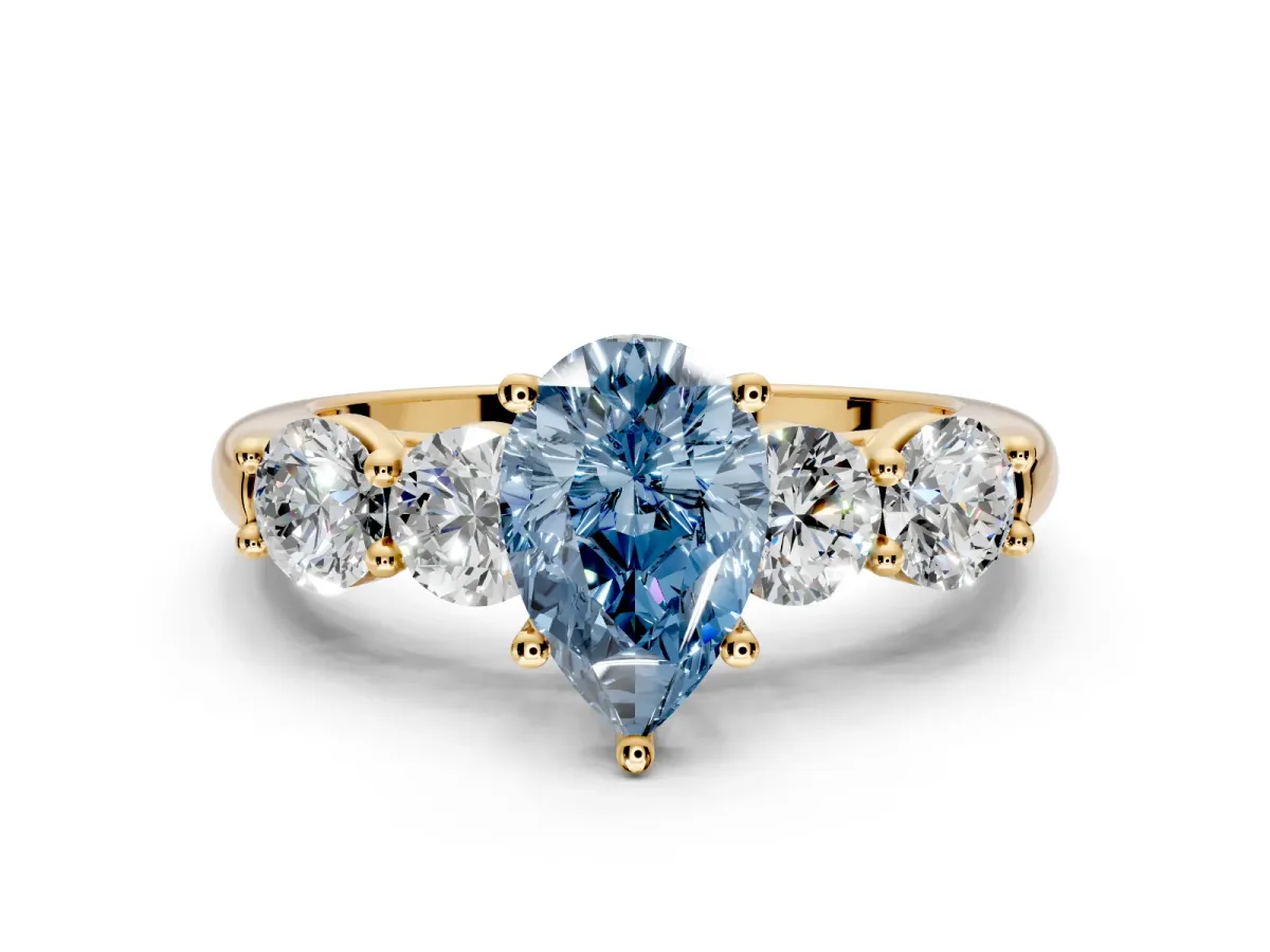 5 Stone Engagement Ring Setting for Fancy Blue Pear-Shaped Center with Graduated Accents and Prong Head in Yellow Gold