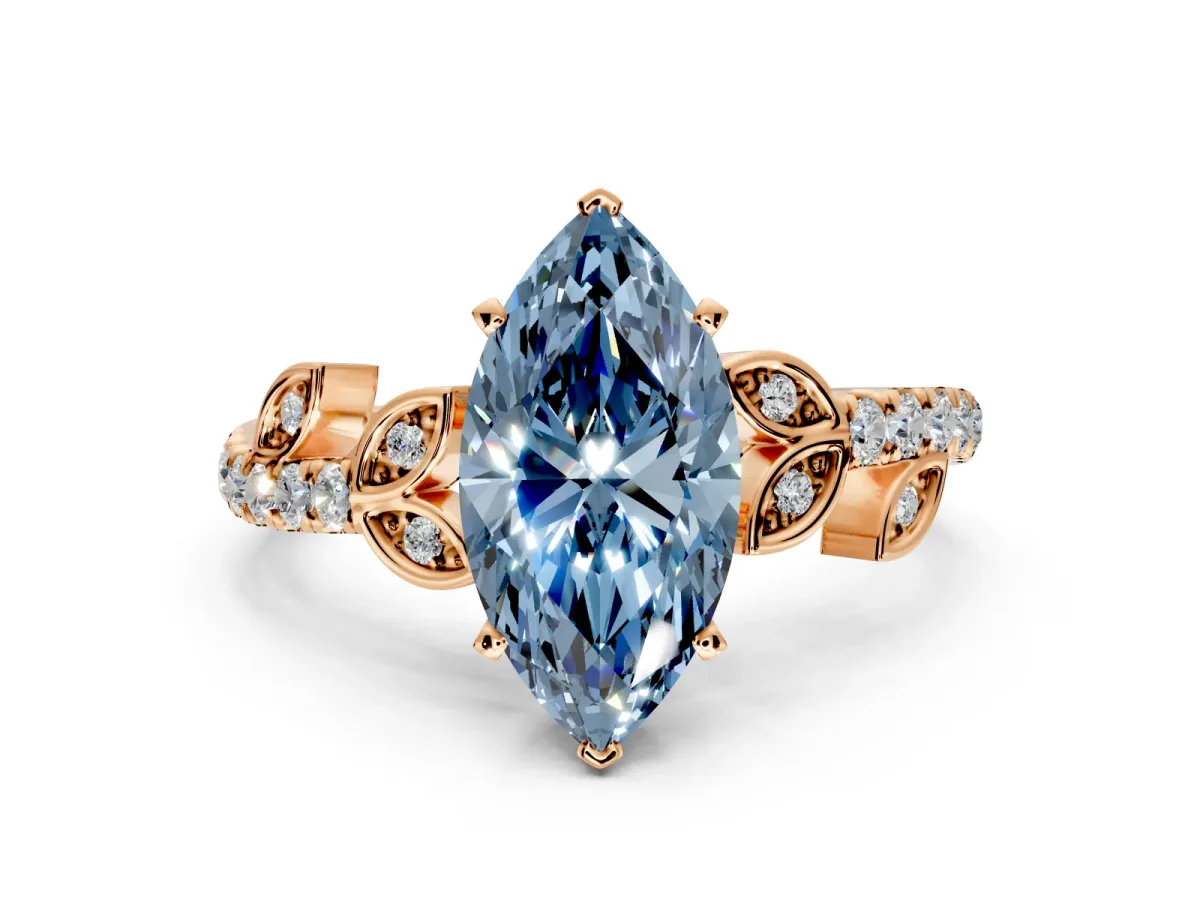 Leaf Motif Engagement Ring Setting for Fancy Blue Marquise Center with Pave Band and Prong Head in Rose Gold