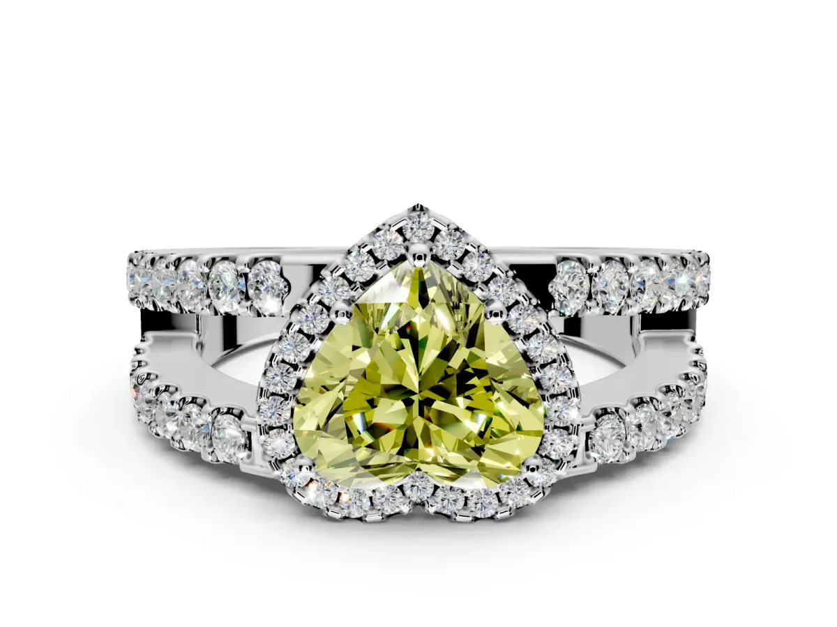 Halo Engagement Ring Setting for Fancy Yellow Heart-Shaped Center with Wide-Open Pave Split Shank and Prong Head in Sterling Silver
