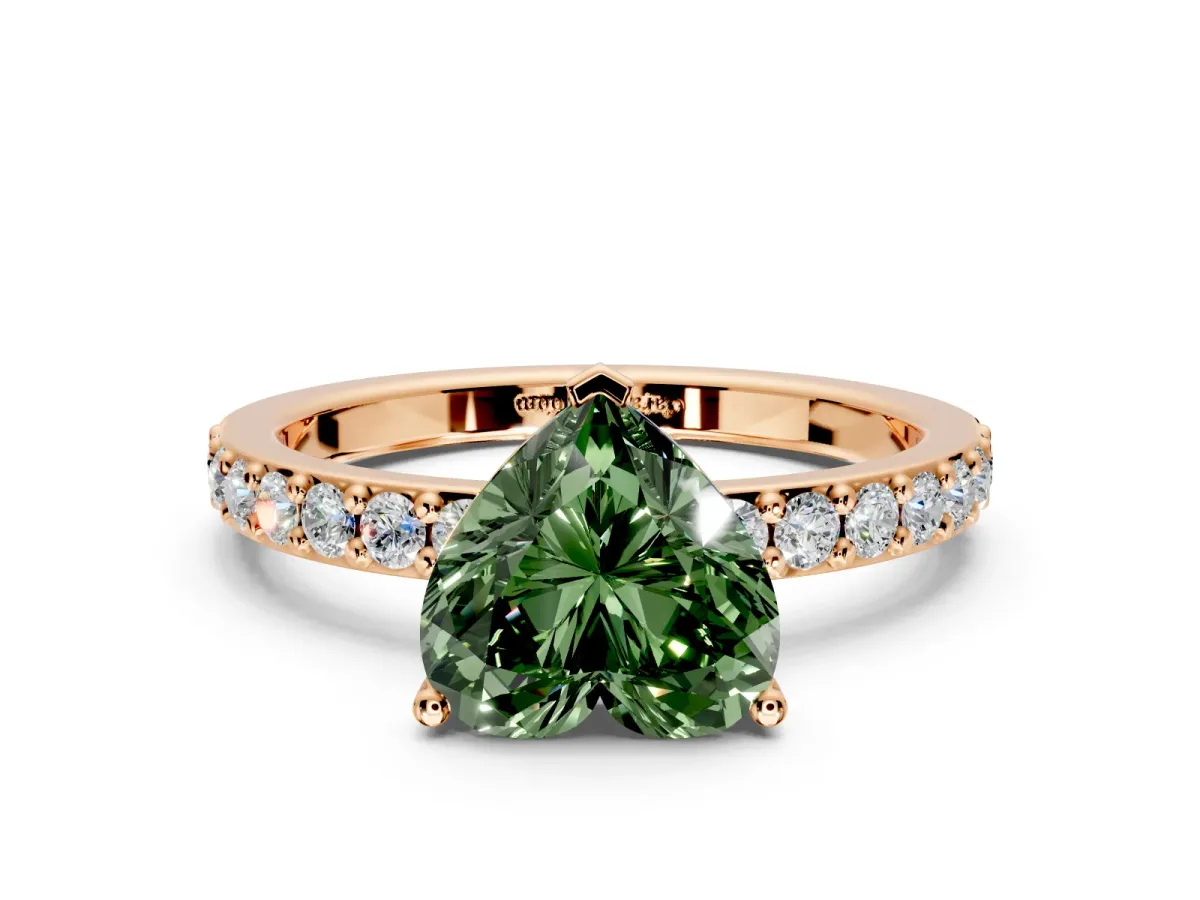 Solitaire Engagement Ring Setting for Fancy Green Heart-Shaped Center with Round Cut Pave Band and Prong Head in Rose Gold