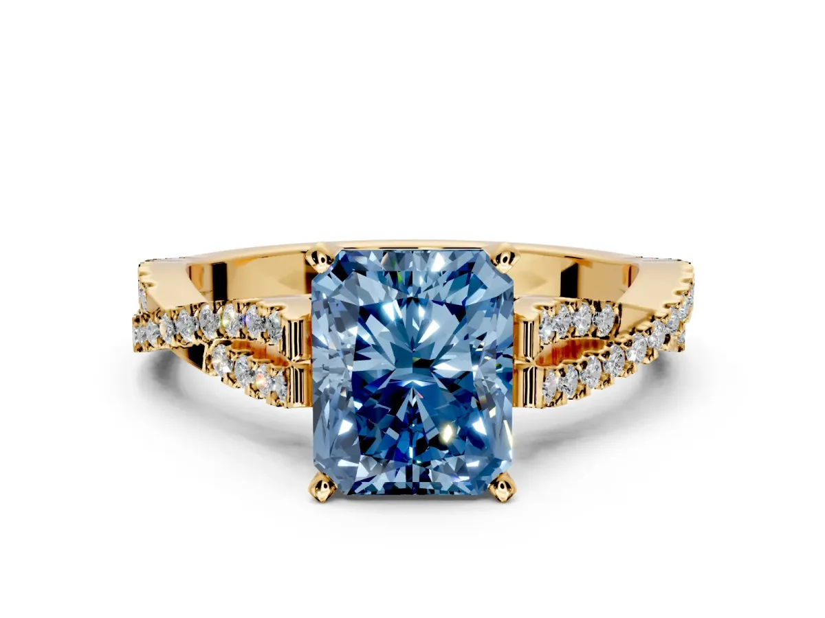 Solitaire Engagement Ring Setting for Fancy Blue Radiant Cut Center with Twisted Pave Split Shank and Prong Head in Yellow Gold
