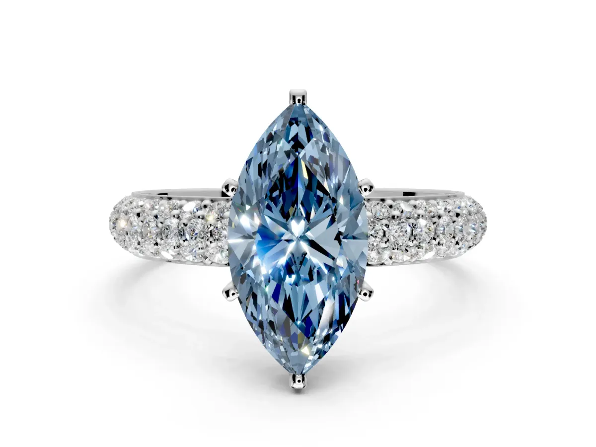 Solitaire Engagement Ring Setting for Fancy Blue Marquise Center with Domed Multi-Row Pave Band and Prong Head in Sterling Silver